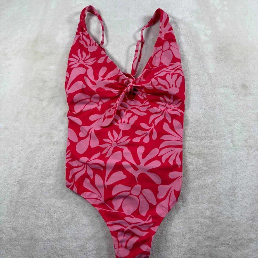 Pink and Red Tropical Floral Tie Front One Piece Swimsuit Women Large